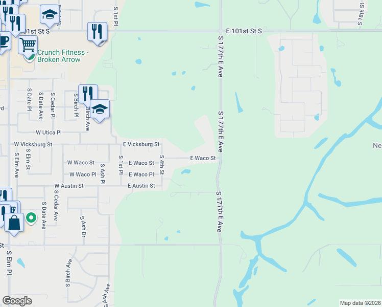 map of restaurants, bars, coffee shops, grocery stores, and more near 608 East Waco Street in Broken Arrow