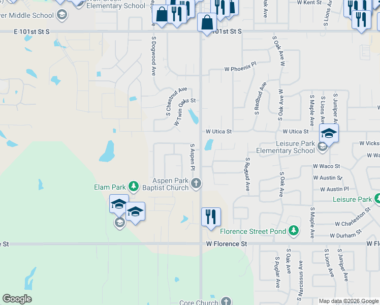 map of restaurants, bars, coffee shops, grocery stores, and more near 4301 South Aspen Place in Broken Arrow