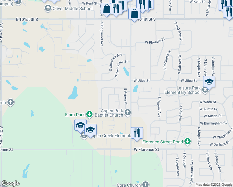 map of restaurants, bars, coffee shops, grocery stores, and more near 2301 West Waco Street in Broken Arrow