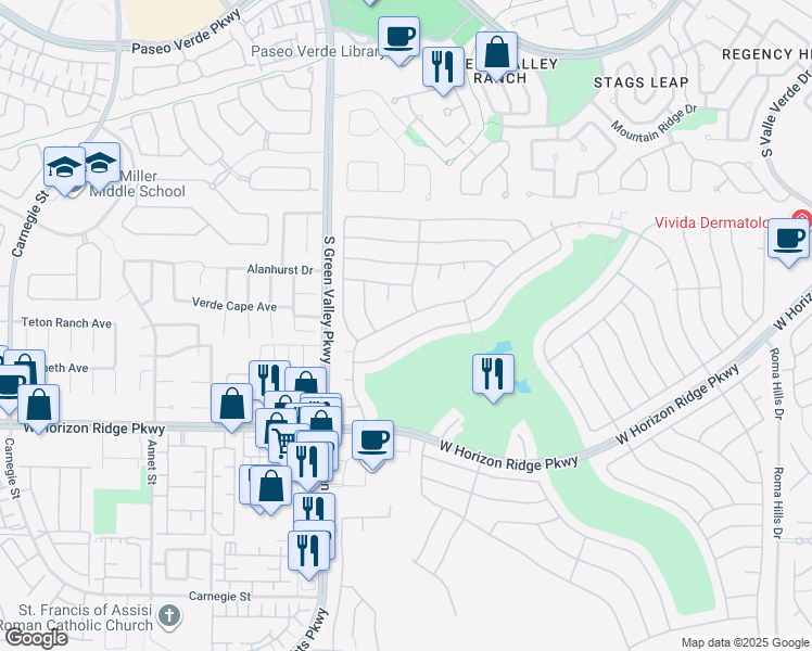 map of restaurants, bars, coffee shops, grocery stores, and more near 2165 High Mesa Drive in Henderson
