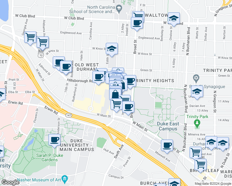 map of restaurants, bars, coffee shops, grocery stores, and more near 738 9th Street in Durham