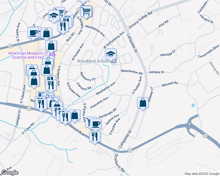 map of restaurants, bars, coffee shops, grocery stores, and more near 199 Manhattan Avenue in Oak Ridge