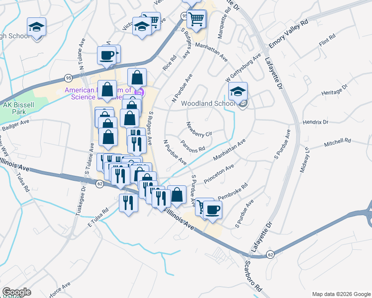 map of restaurants, bars, coffee shops, grocery stores, and more near 114 Parsons Road in Oak Ridge