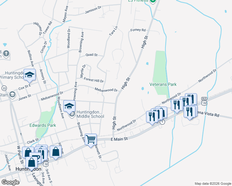 map of restaurants, bars, coffee shops, grocery stores, and more near 456 Mebanwood Drive in Huntingdon