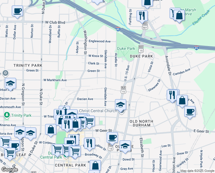map of restaurants, bars, coffee shops, grocery stores, and more near 1400 Glendale Avenue in Durham