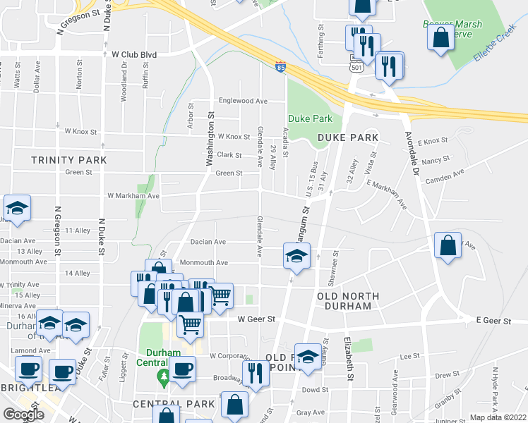 map of restaurants, bars, coffee shops, grocery stores, and more near 1400 Glendale Avenue in Durham