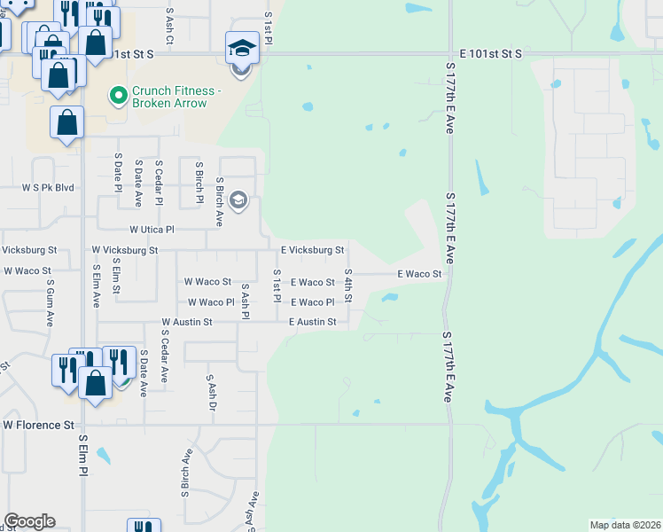 map of restaurants, bars, coffee shops, grocery stores, and more near 4309 South 3rd Street in Broken Arrow
