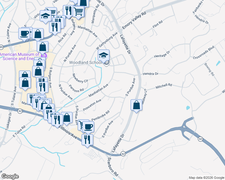 map of restaurants, bars, coffee shops, grocery stores, and more near 107 Nasson Lane in Oak Ridge