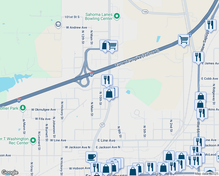 map of restaurants, bars, coffee shops, grocery stores, and more near N 9th St & E Speer Ave in Sapulpa