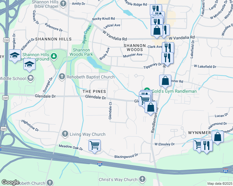 map of restaurants, bars, coffee shops, grocery stores, and more near 3405 Argyle Lane in Greensboro