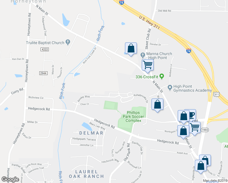 map of restaurants, bars, coffee shops, grocery stores, and more near 452 Dunwood Drive in High Point