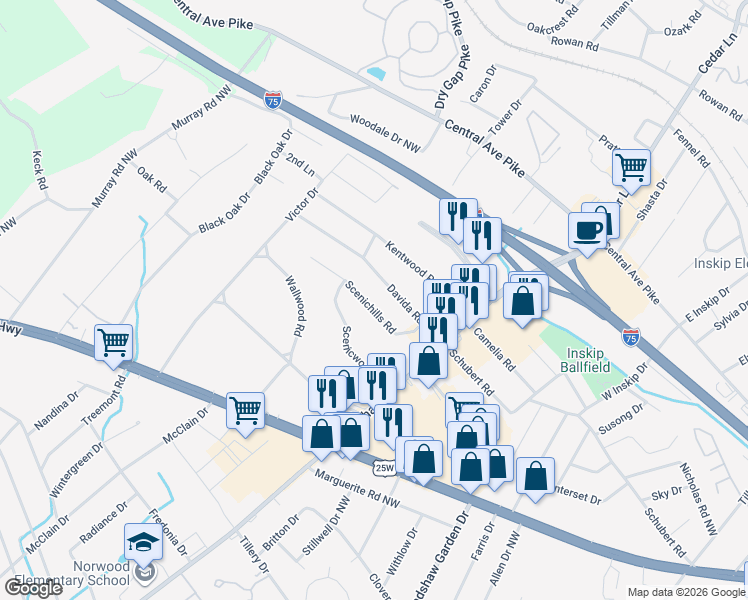 map of restaurants, bars, coffee shops, grocery stores, and more near in Knoxville