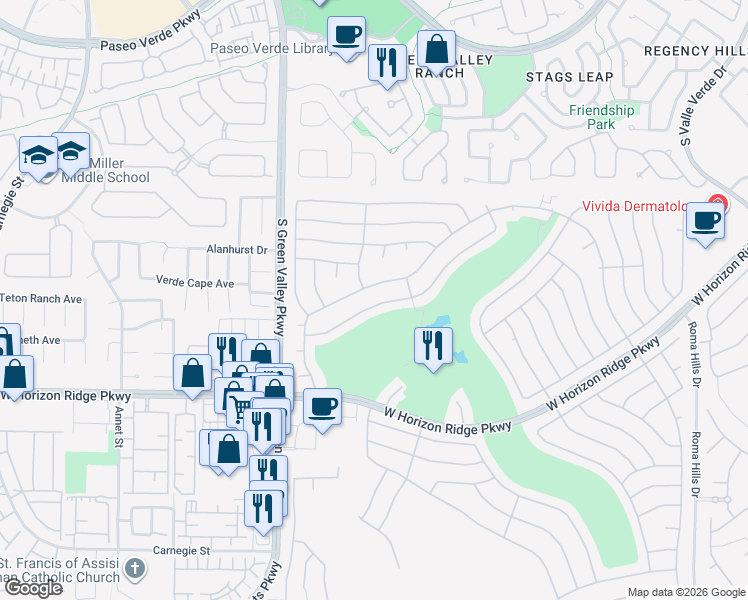 map of restaurants, bars, coffee shops, grocery stores, and more near 2154 Eagle Watch Drive in Henderson