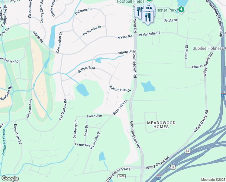 map of restaurants, bars, coffee shops, grocery stores, and more near 4102 Auburn Hills Drive in Greensboro