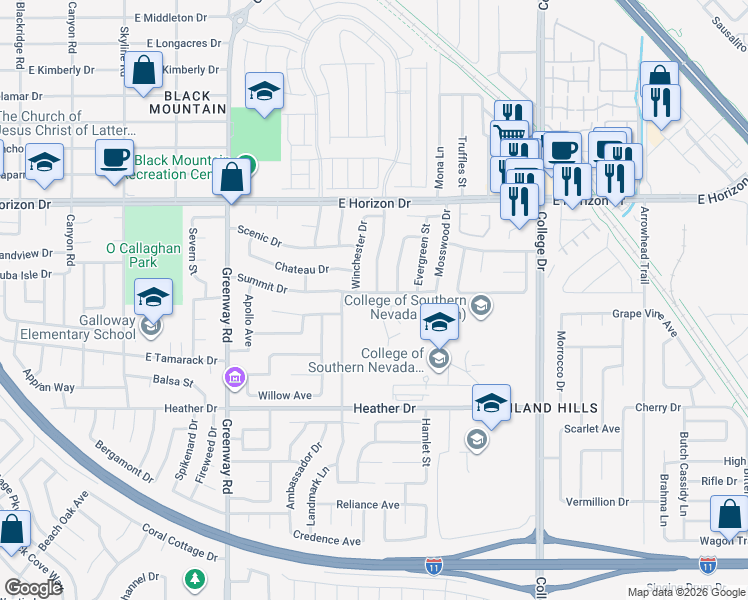 map of restaurants, bars, coffee shops, grocery stores, and more near 512 Summit Drive in Henderson