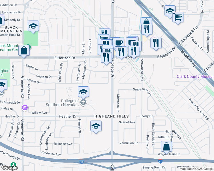 map of restaurants, bars, coffee shops, grocery stores, and more near 651 Glenwood Lane in Henderson