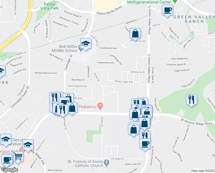 map of restaurants, bars, coffee shops, grocery stores, and more near 2257 Early Frost Avenue in Henderson