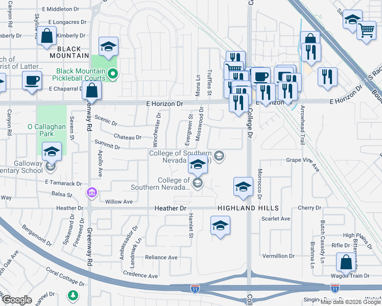 map of restaurants, bars, coffee shops, grocery stores, and more near 532 Summit Drive in Henderson