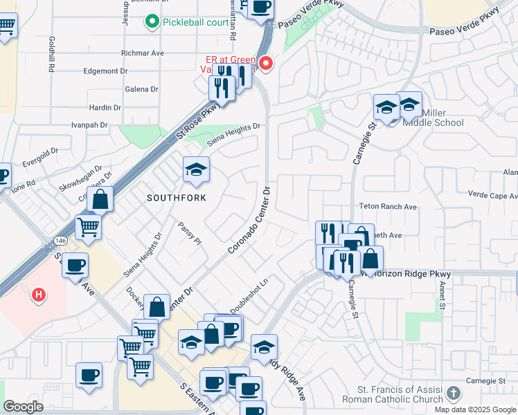 map of restaurants, bars, coffee shops, grocery stores, and more near 2647 Hourglass Drive in Henderson
