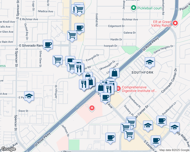 map of restaurants, bars, coffee shops, grocery stores, and more near 447 Temple Canyon Place in Henderson