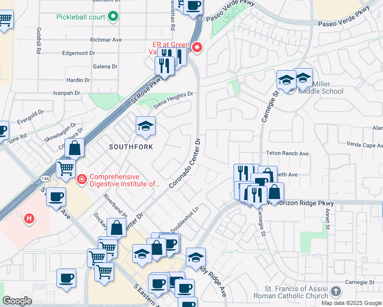 map of restaurants, bars, coffee shops, grocery stores, and more near 2647 Hourglass Drive in Henderson