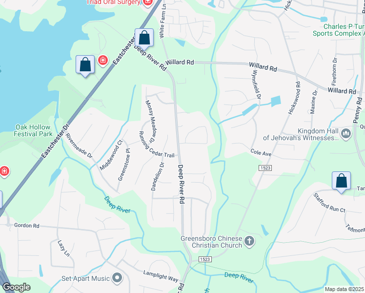 map of restaurants, bars, coffee shops, grocery stores, and more near 3720 Georgia Pond Lane in High Point