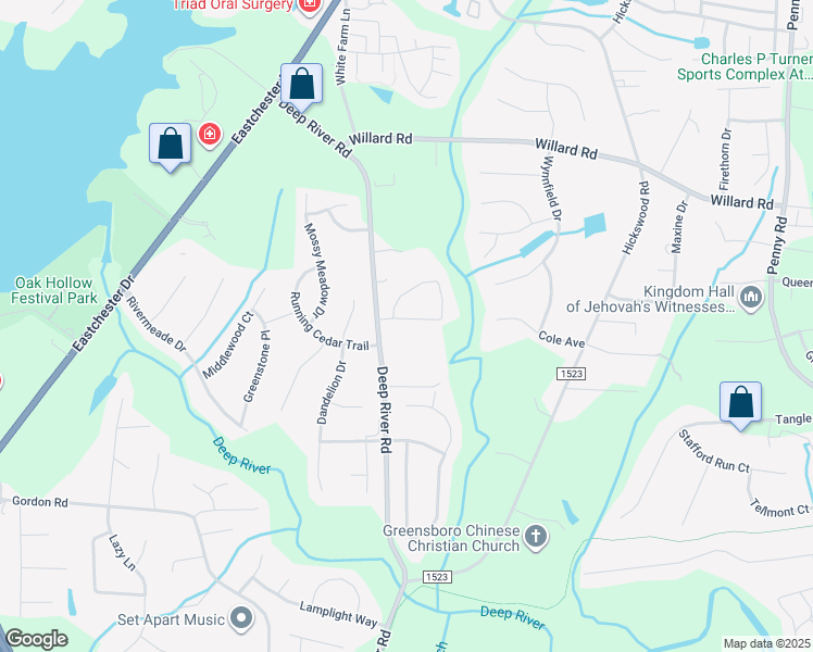 map of restaurants, bars, coffee shops, grocery stores, and more near 3720 Georgia Pond Lane in High Point