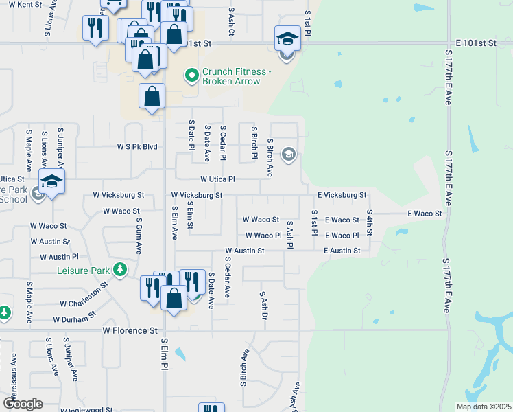map of restaurants, bars, coffee shops, grocery stores, and more near 4309 West 44th Place in Broken Arrow