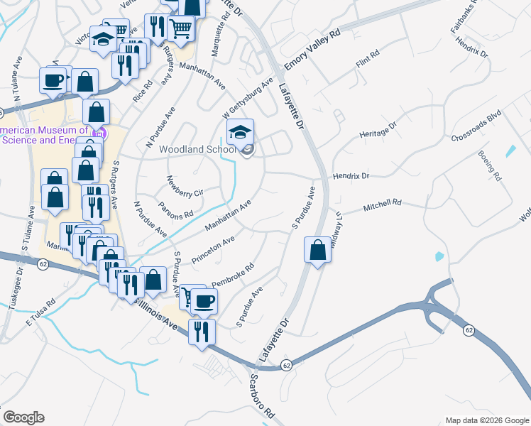 map of restaurants, bars, coffee shops, grocery stores, and more near 107 Nasson Lane in Oak Ridge
