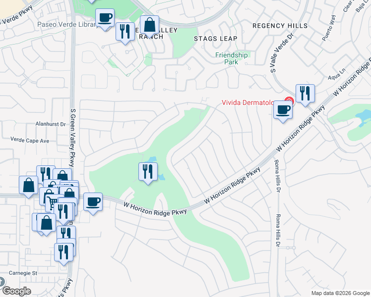 map of restaurants, bars, coffee shops, grocery stores, and more near 2105 Poppywood Avenue in Henderson
