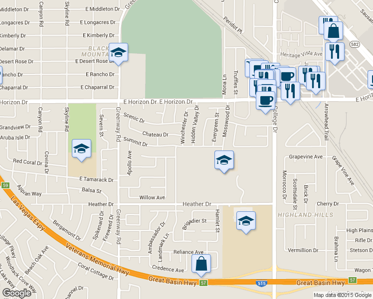 map of restaurants, bars, coffee shops, grocery stores, and more near 512 Summit Drive in Henderson