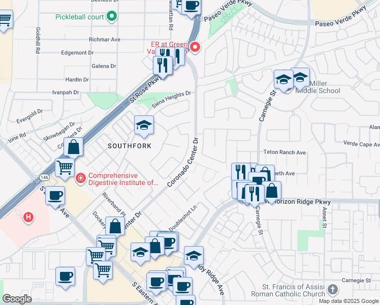 map of restaurants, bars, coffee shops, grocery stores, and more near 521 Whitewood Drive in Henderson