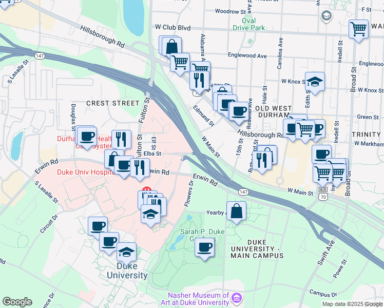 map of restaurants, bars, coffee shops, grocery stores, and more near in Durham