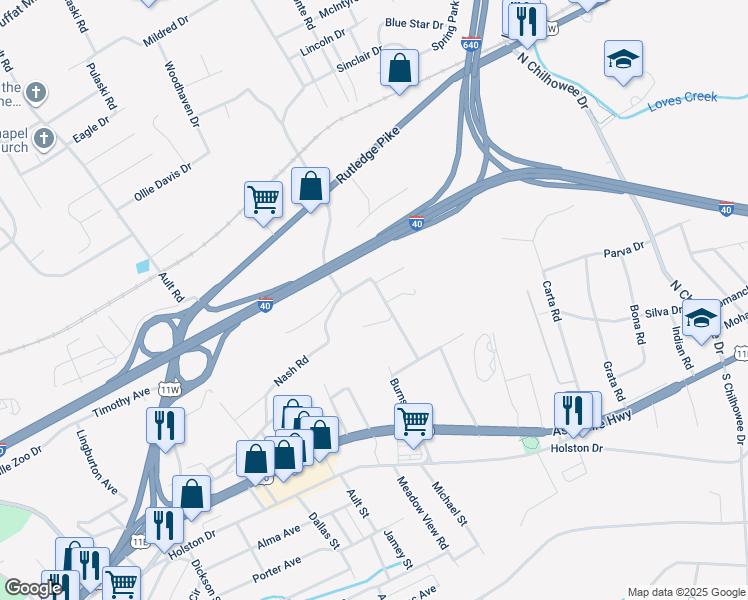 map of restaurants, bars, coffee shops, grocery stores, and more near 505 Burns Road in Knoxville