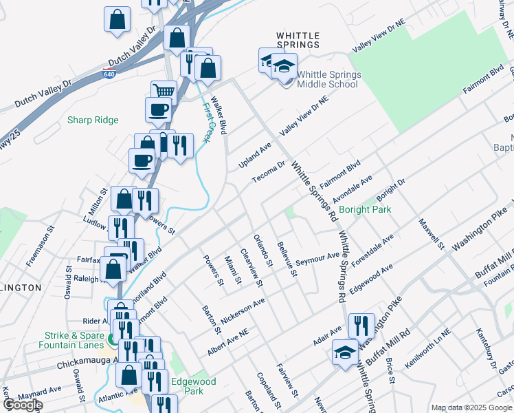 map of restaurants, bars, coffee shops, grocery stores, and more near 3426 Orlando Street in Knoxville
