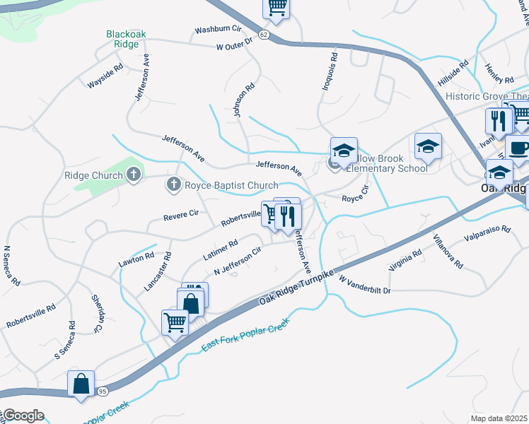 map of restaurants, bars, coffee shops, grocery stores, and more near 367 Robertsville Road in Oak Ridge
