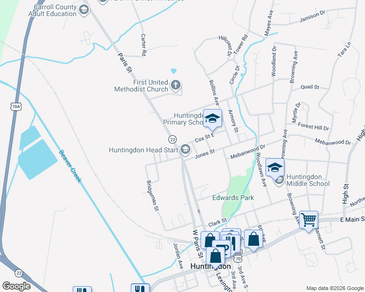 map of restaurants, bars, coffee shops, grocery stores, and more near 13324-13368 Paris Street in Huntingdon