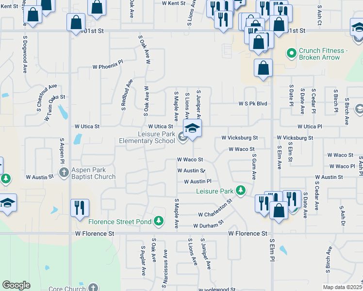 map of restaurants, bars, coffee shops, grocery stores, and more near 4200-4298 S Juniper Pl in Broken Arrow