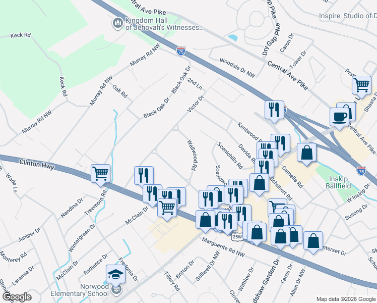 map of restaurants, bars, coffee shops, grocery stores, and more near 5703 Wallwood Road in Knoxville