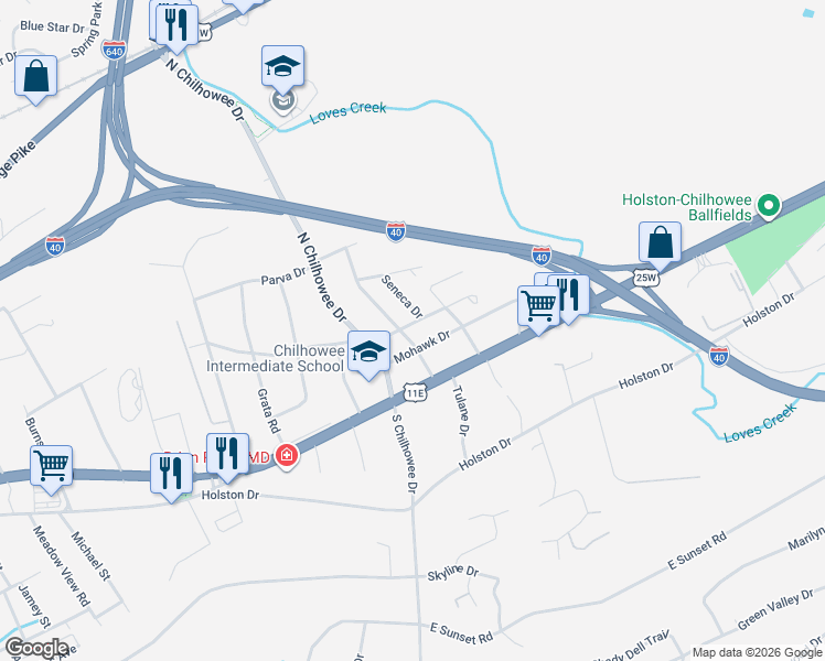 map of restaurants, bars, coffee shops, grocery stores, and more near 207 Iroquois Drive in Knoxville