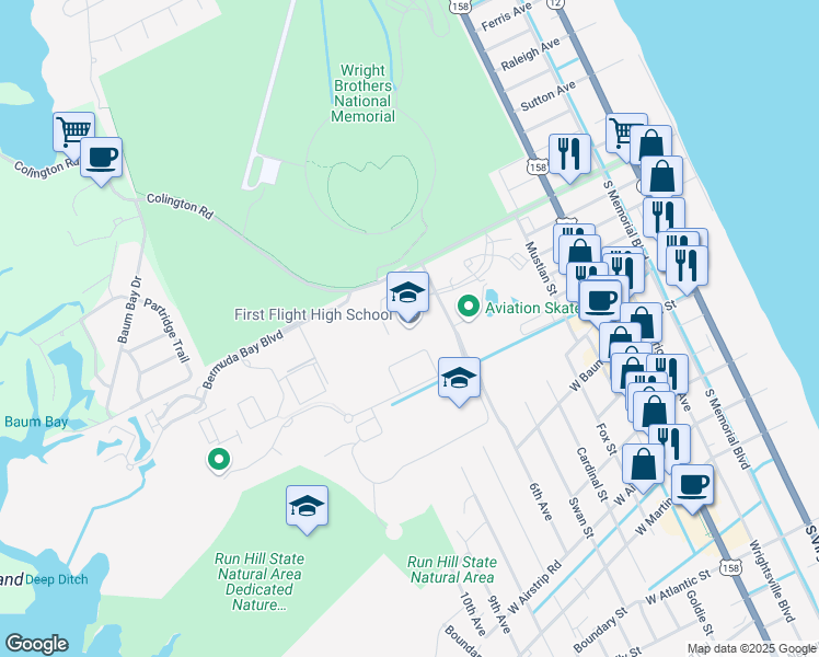 map of restaurants, bars, coffee shops, grocery stores, and more near 100 Veterans Drive in Kill Devil Hills