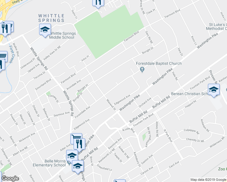 map of restaurants, bars, coffee shops, grocery stores, and more near 3002 Forestdale Avenue in Knoxville