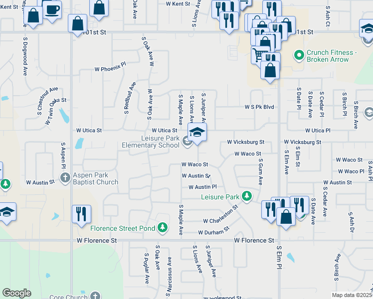 map of restaurants, bars, coffee shops, grocery stores, and more near 4300 South Juniper Place in Broken Arrow