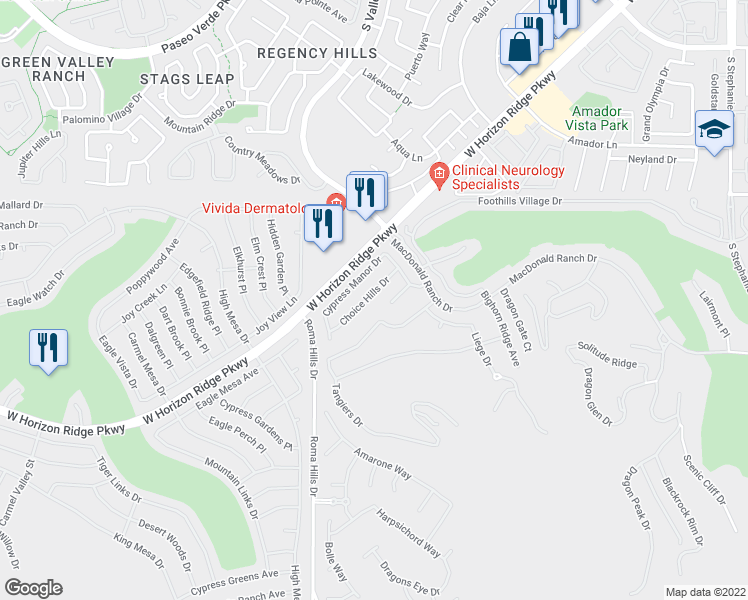 map of restaurants, bars, coffee shops, grocery stores, and more near 1717 Choice Hills Drive in Henderson