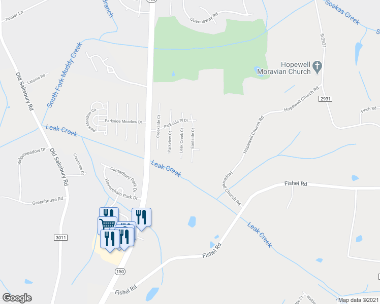 map of restaurants, bars, coffee shops, grocery stores, and more near 4062 Eastside Court in Winston-Salem