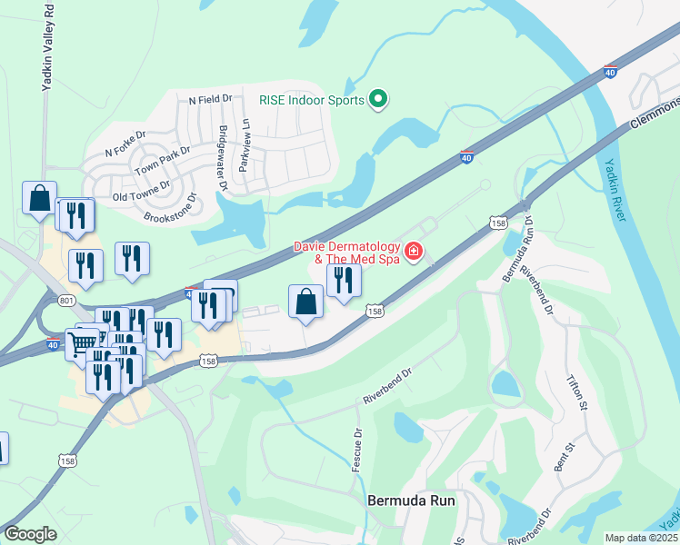 map of restaurants, bars, coffee shops, grocery stores, and more near 159 West Kinderton Way in Bermuda Run
