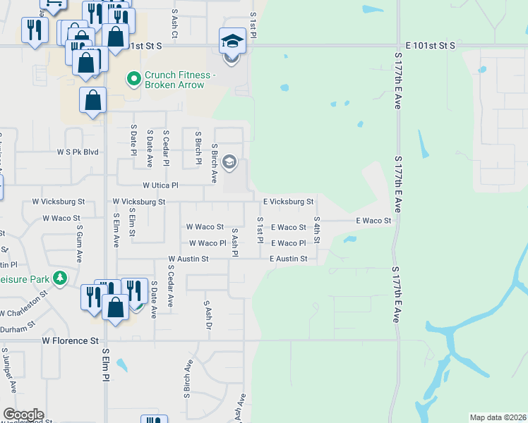 map of restaurants, bars, coffee shops, grocery stores, and more near 4312 South 1st Place in Broken Arrow