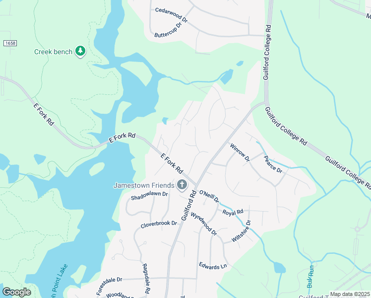 map of restaurants, bars, coffee shops, grocery stores, and more near 105 Brantmere Court in Jamestown