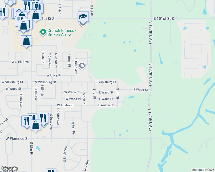 map of restaurants, bars, coffee shops, grocery stores, and more near 4309 South 3rd Street in Broken Arrow