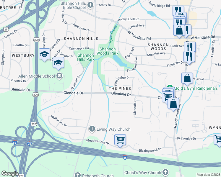 map of restaurants, bars, coffee shops, grocery stores, and more near 814 Pine Ridge Drive in Greensboro